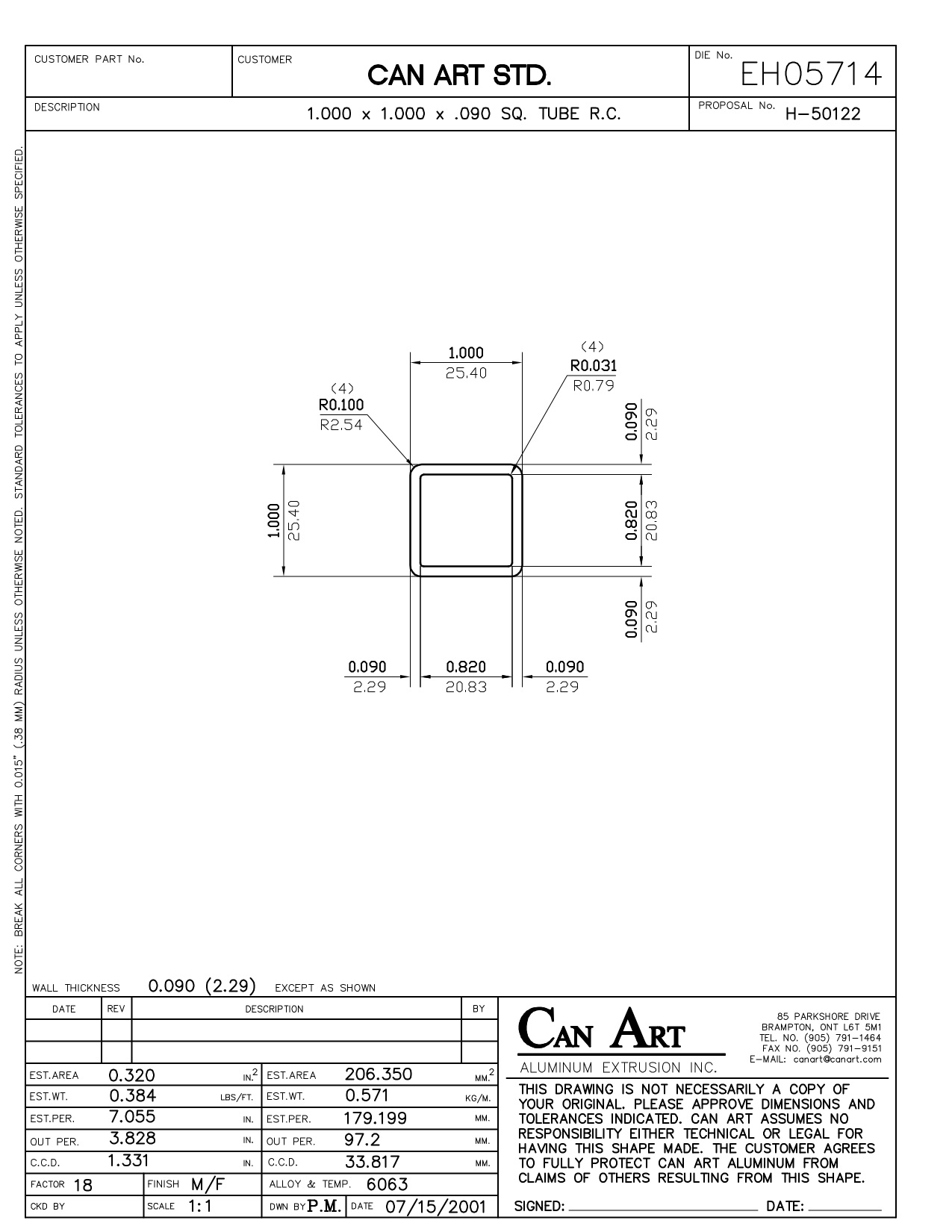 1" Square Tube Aluminum Extrusion